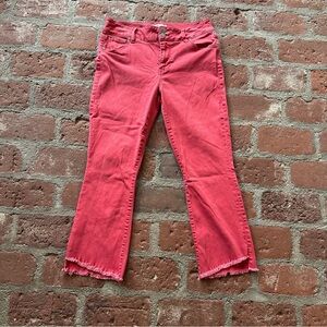 CAbi Red Flare Wide Leg Vivien Hi Low Crop Jeans Moulin Rouge Red Size 10